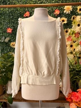 Free People Cream Fringe-Trim Knit Pullover